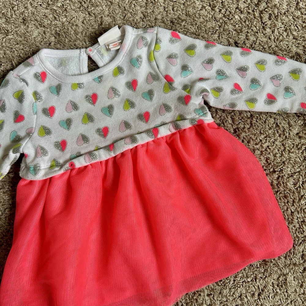 Cat & Jack I Long Sleeve Heart Tulle Dress I 3-6M I Pink White Sparkle